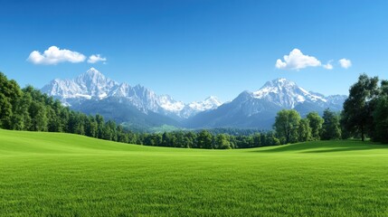 Obraz premium Scenic view of mountains and lush green fields under a clear sky.