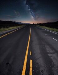 Fototapeta premium Dark stretch of asphalt highway under starry sky at night, highway, starry, road