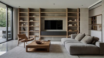 Modern minimalist living room with built-in wall shelves, neutral color palette, large statement art piece, and polished concrete flooring.
