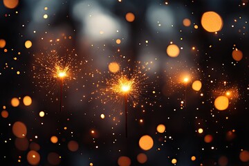 Obraz premium Sparklers glowing with golden bokeh lights at night, Three sparklers burning brightly with glowing sparks and golden bokeh lights in a dark, festive background, creating a magical atmosphere. 