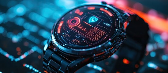 Futuristic smartwatch displaying health and location data on a digital screen.