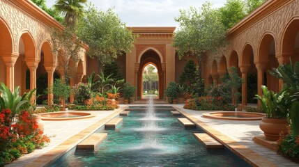 Fototapeta premium Serene courtyard with fountain, arches, and lush plants.