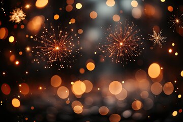 Fototapeta premium Sparklers glowing with golden bokeh lights at night, Three sparklers burning brightly with glowing sparks and golden bokeh lights in a dark, festive background, creating a magical atmosphere. 