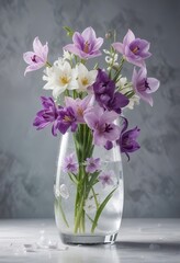 Delicate frozen orchid tulip and clematis flowers suspended in a glass vase filled with ice water and milk, frozen flowers in ice , glass vase