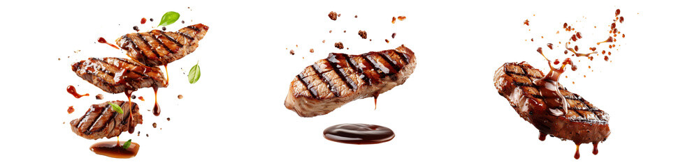 Collection of Grilled Meat Cuts with Seasoning and Sauce on White Background