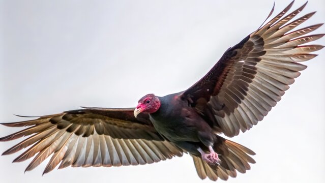 Turkey Vulture in Flight with Spread Wings Against a White Sky
