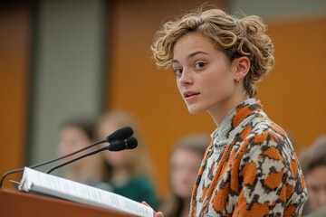 Voice of ideas: a university student circle focused on debating, showcasing public speaking skills, analytical thinking, camaraderie, vibrant setting for expression, intellect, shared interests.