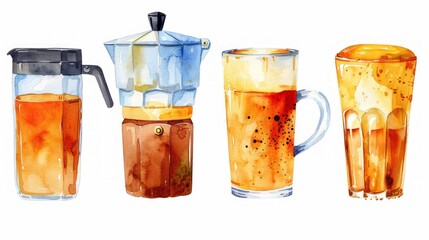 Watercolor illustration of coffee in different brewing methods and serving styles.