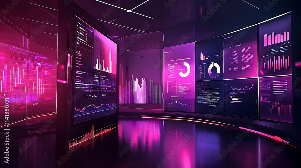 Poster futuristic data center with glowing screens displaying graphs, charts, and financial data.