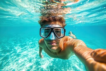 Fototapeta premium Underwater selfie of a young man wearing a diving mask in turquoise water. Perfect for travel, summer, and adventure themes.