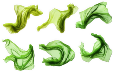 a collection of eight green fabric flowing in the air. isolated on a transparent background they are in different poses. with some of them showing a more dramatic movement the fabric is a delicate and