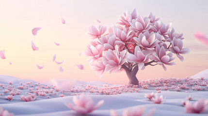 Fototapeta premium A 3D magnolia tree blooming in a flat 2D pastel garden design
