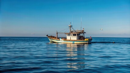 Naklejka premium A Small Fishing Boat in the Open Ocean on a Sunny Day