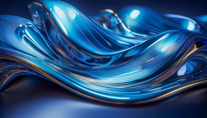 Fluid shape abstract background and blue metallic reflections.Generative AI