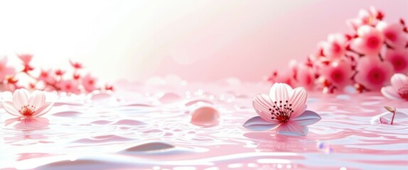 A close-up photograph of a pink cherry blossom flower with a soft, glowing light in the background, creating a dreamy and ethereal atmosphere. The flower is in focus, with delicate petals and a centra