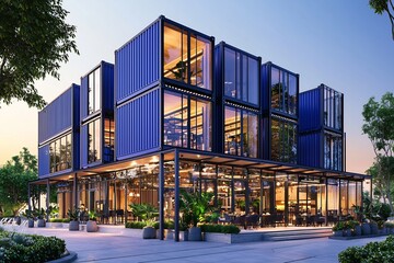 Modern Modular Eco Friendly Mixed Use Commercial Building with Outdoor Terrace and Stylish Lighting at Sunset