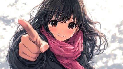 A cute anime girl character pointing at you with one finger, smiling and looking straight ahead. She has long brown hair and bangs, wearing an oversized dark gray jacket