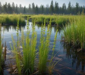 Field Horsetail in a wetland environment with aquatic plants, Aquatic Plants, Equisetum Arvense, Water Environment