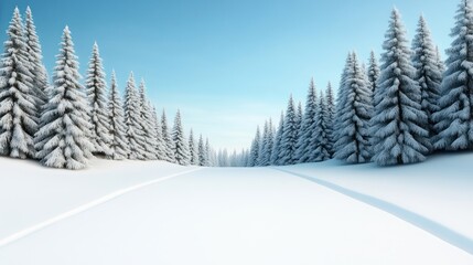 Obraz premium Snowy landscape with evergreen trees and clear blue sky.