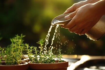 A pair of hands watering newly planted herbs in small pots, with a rich green garden visible in the background.