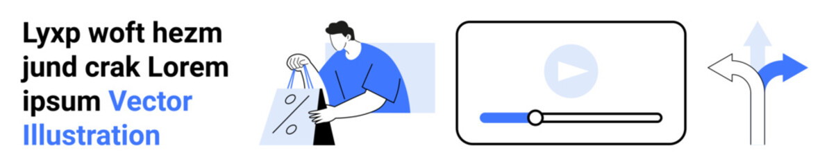 Person holding discount sign, play button on media player, arrows depicting decisions and directions. Ideal for marketing, e-commerce, promotions, media, user engagement, decision making content