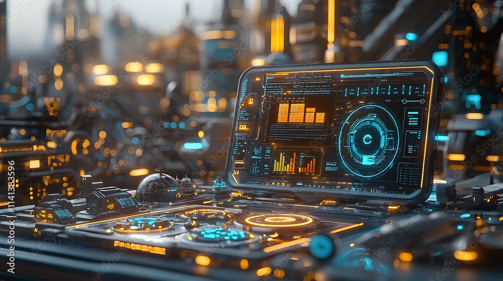 Poster futuristic control panel with holographic display in a cyberpunk city.