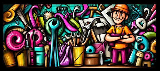 Cartoon handyman surrounded by tools, various colors, bright and lively.