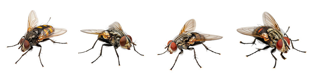 Collection of Detailed Close-Up of Four Realistic Flies with Intricate Features