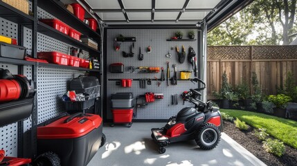 Fototapeta premium Tools in an organized garage with lawnmower and storage bins.