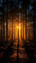 Fototapeta premium Sunrise through Pine Forest, Misty Morning, Nature Wallpaper.