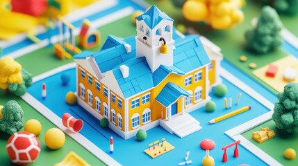 Toy school with playground on vibrant mat.
