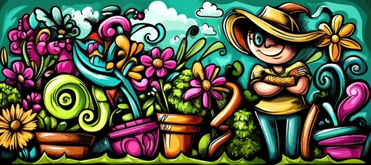 Obraz premium Gardener with colorful, stylized flowers and pots.