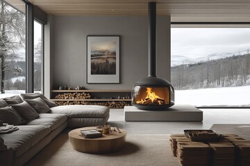 Photorealistic view of large fire Sapphire in a modern living room with wood-burning stove,...