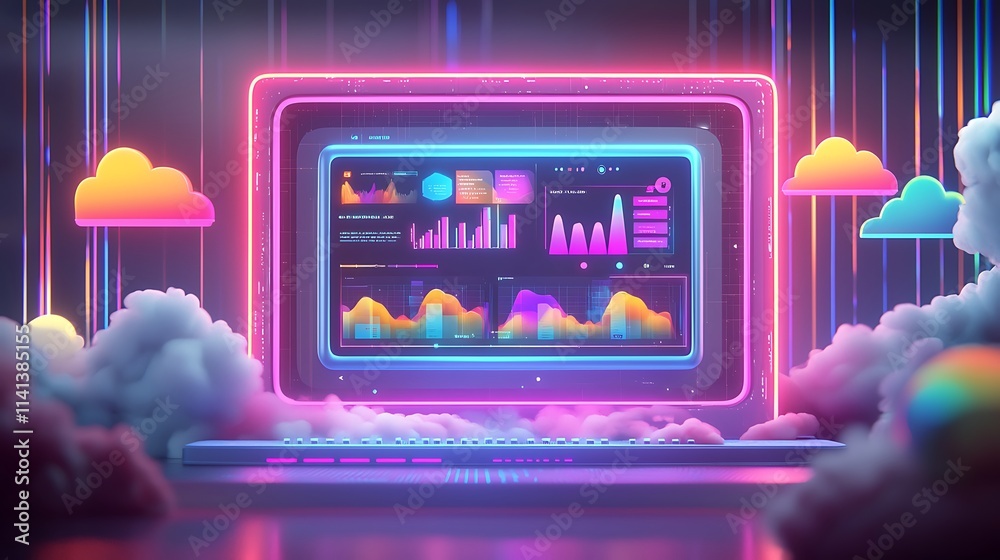 Poster Neon laptop displaying vibrant data analytics charts and graphs in a cloud computing environment.