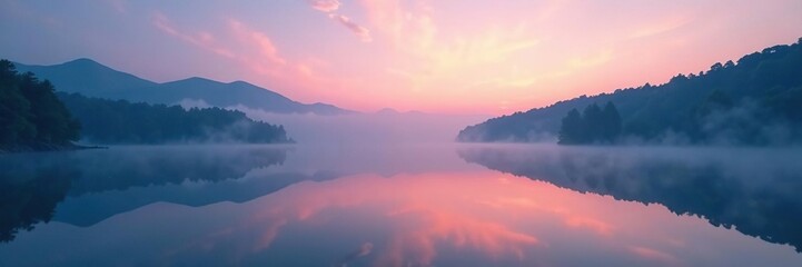 Gradient mist shrouds a tranquil lake at dusk, natural, gradient, dusk
