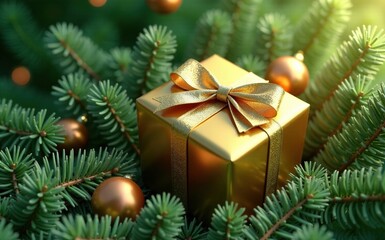 Greenery and gold gift with ribbon and bows tied around it, bows, greenery, presents