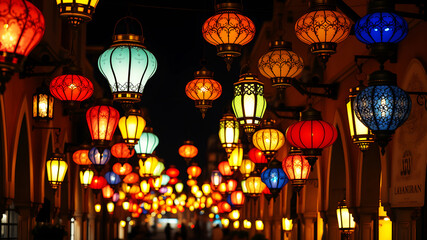 Hanging colorful lanterns glowing warmly in a traditional Arabian street during a festive Ramadan night.