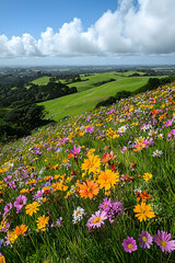 Vibrant Wildflower Hillside, Scenic Landscape, New Zealand, Pastoral Background, Travel Poster.