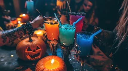 Halloween drinks toast with pumpkins.