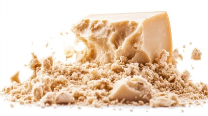 A block of hard cheese with shavings on a white background.
