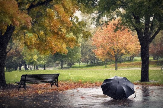 A quiet, serene rain scene showing a lone umbrella resting on the ground in a park, with gentle raindrops falling around it, creating a peaceful weather mood. - Powered by Adobe