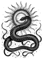Obraz premium PNG Celestial illustration of Snake with Sun and Rays snake cosmic black.