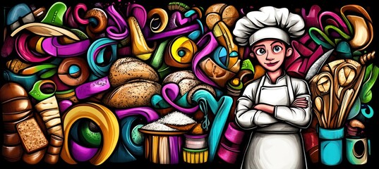 Obraz premium Baker stands before colorful bread, tools, and flour backdrop.