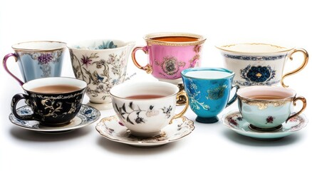 A array of elegant teacups in various colors and styles, each with unique patterns or designs on the bowl, handle, feet, and cup edge. Isolate these cups against a white background
