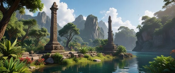 Lagoa with dense vegetation and a stone monument , monument, greenery, nature