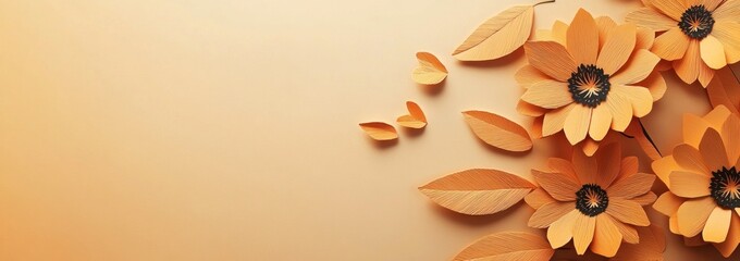 Peach paper flowers and leaves on a light orange background.