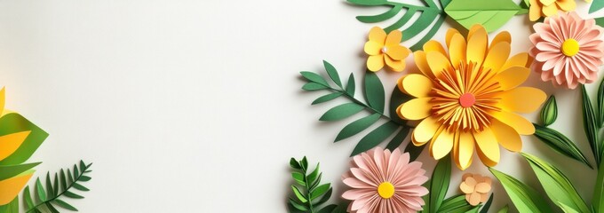 Paper craft flowers and leaves on white background.