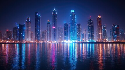 Fototapeta premium Vibrant cityscape skyline reflected in calm water at night.