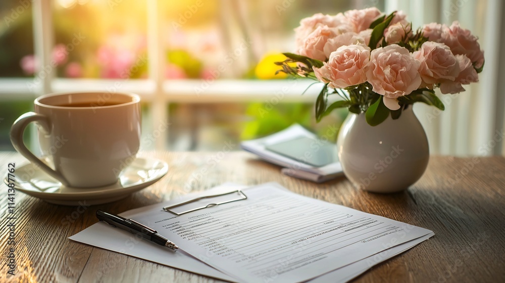 Poster organized stack of tax documents and forms neatly arranged on a wooden table with a clean minimalist