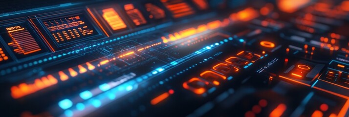 Futuristic display with orange glowing text and blue details.